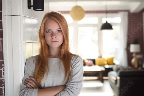 portrait of confident teenage girl leaning on doorway at home