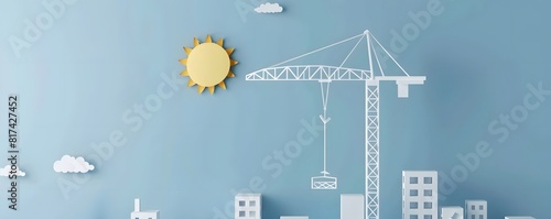 City landscape development with tower cranes in minimalist 3d illustration pastel color paper art style for sustainable growth concept