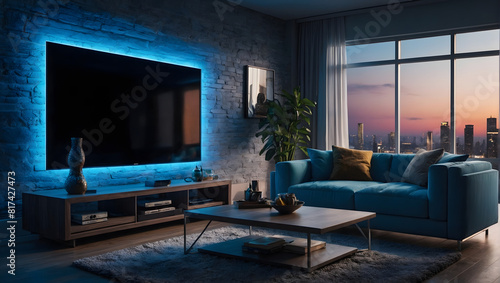 Modern smart home design with monitor screen and blue neon lights. © Gang studio