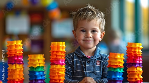 A young boy is standing in front of stacks of colorful blocks, looking curious and engaged in play photo