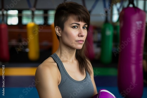 portrait of empowered woman in colorful boxing gym © alisaaa