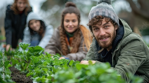 Volunteers planting a community garden together