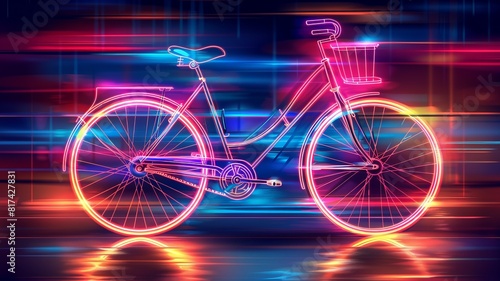 Line art drawing of a bicycle, simple and elegant, neon style, monochrome with vibrant background, essence of movement,