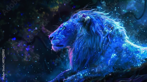 Illustrate a side view of a majestic lion, its mane aglow with bioluminescent shimmer, prowling through a mystical, moonlit forest Use a blend of traditional watercolor techniques for an ethereal and © Amemage