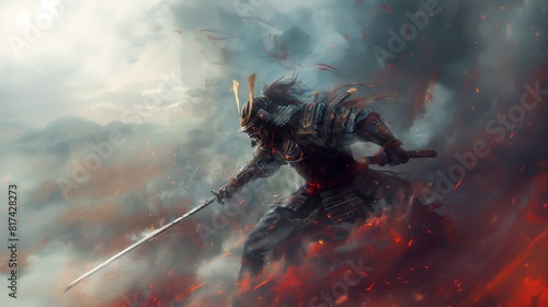 Fierce samurai warrior battling in smoke and flames at dusk in feudal japan. photo