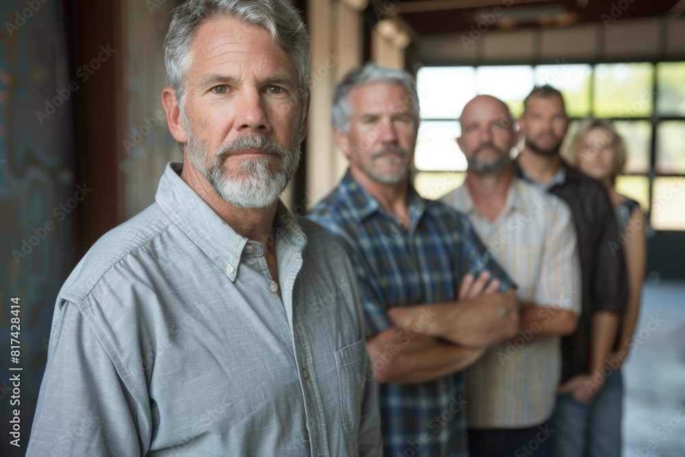 Portrait of confident senior man standing with arms crossed in front of his team Portrait of confident senior man standing with arms crossed in front of his team