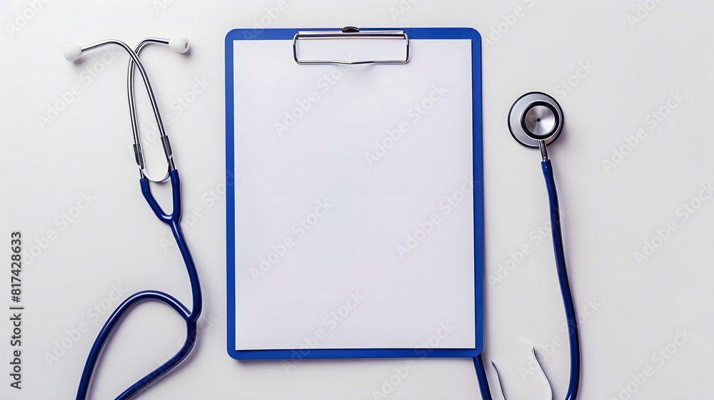 Blank medical clipboard with stethoscope on white background. Copy ...