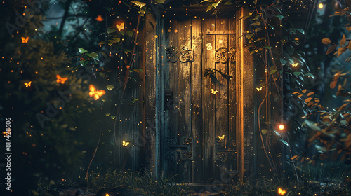 A weathered wooden door with faded butterfly carvings  surrounded by the soft glow of fireflies dancing in the twilight  guiding seekers to hidden enchantments.