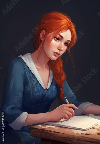 A red hair woman writing