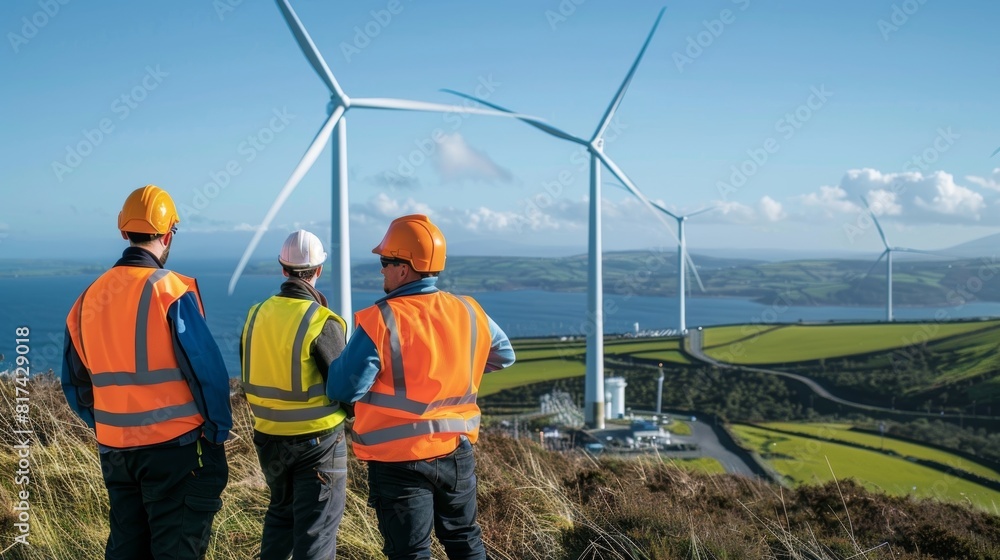 A team of engineers monitoring the installation process ensuring each turbine is securely p. A team of engineers monitoring the installation process ensuring each turbine is securely p.