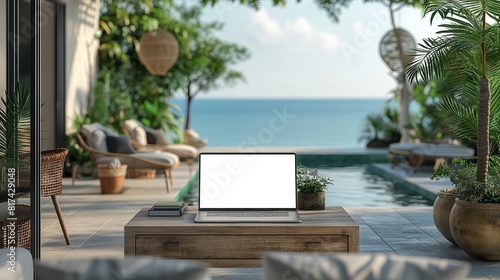 Mockup of modern laptop next to pool, AI-generative