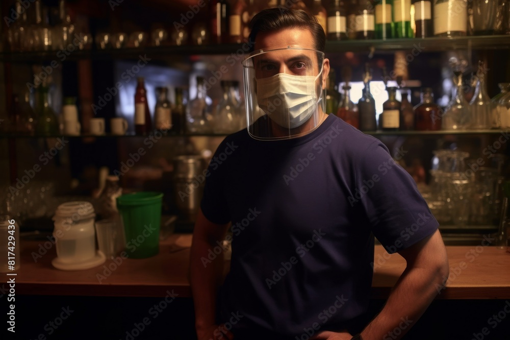 Portrait of small bar owner behind bar counter while wearing protective face mask A portrait of a small bar owner behind the bar counter while wearing a protective face mask