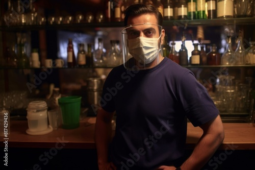 Portrait of small bar owner behind bar counter while wearing protective face mask A portrait of a small bar owner behind the bar counter while wearing a protective face mask