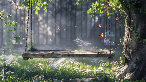 A weathered wooden swing hanging from a tree branch, butterflies flitting around the gently swaying seat. photo