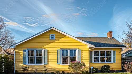 A sunny lemon yellow house with traditional windows and shutters brightens up the suburban landscape, adding a touch of cheer to the neighborhood on a beautiful day. photo