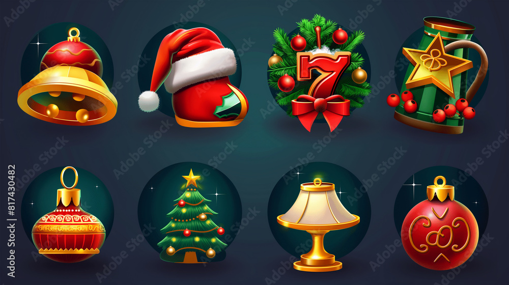 Christmas icon set for slot game on dark background, Illustration