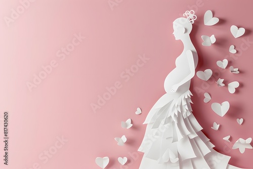 Minimalist 3d illustration pastel color paper art style pregnant woman in long dress touching her belly with heart for happy pregnancy concept
