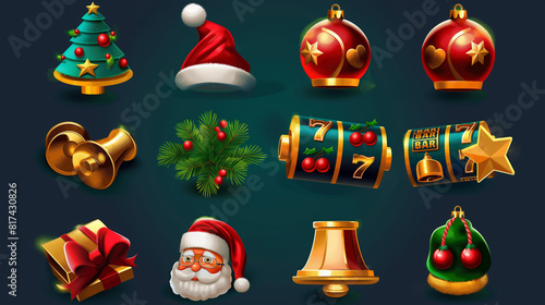 Christmas icon set for slot game on dark background, Illustration