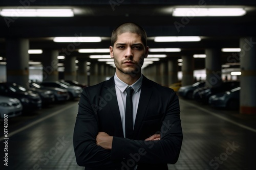 Portrait of young businessman standing in a gloomy car park © alisaaa