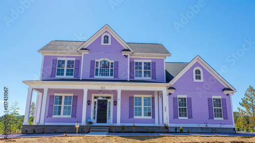 An elegant lavender-colored house with traditional windows and shutters sits on a large lot in the suburban subdivision, basking in the sunlight under the clear blue sky.