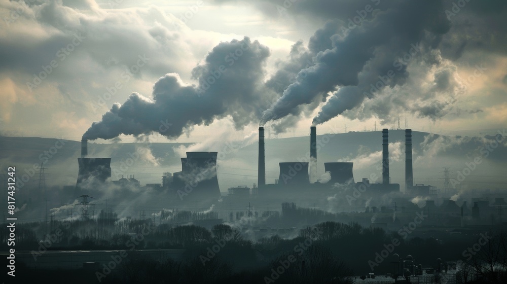 Gray clouds of pollution hovering over the coalfired power plant.