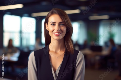 Portrait Of Young Smiling Businesswoman Standing In Busy Office