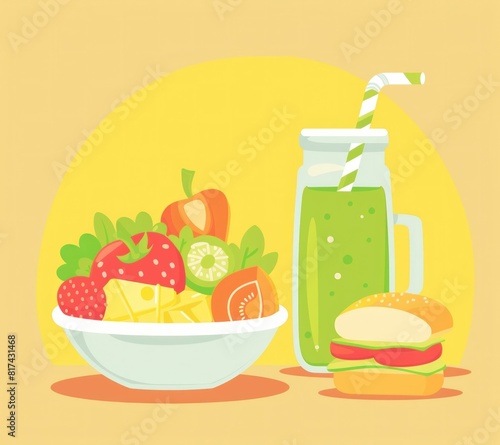 Healthy Eating Variety Fresh Fruit and Vegetables  Juice  and a Tempting Hamburger Composition