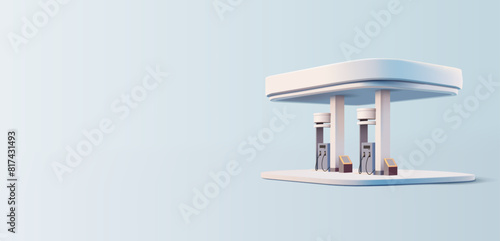 3D gas station, refueling. Realistic exterior rendering for advertising and branding. Banner for web design. Promotion of high-quality petroleum products for cars. Vector