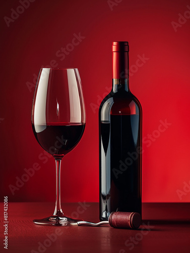 Photo of red , dark wine glass with wine bottle on the table