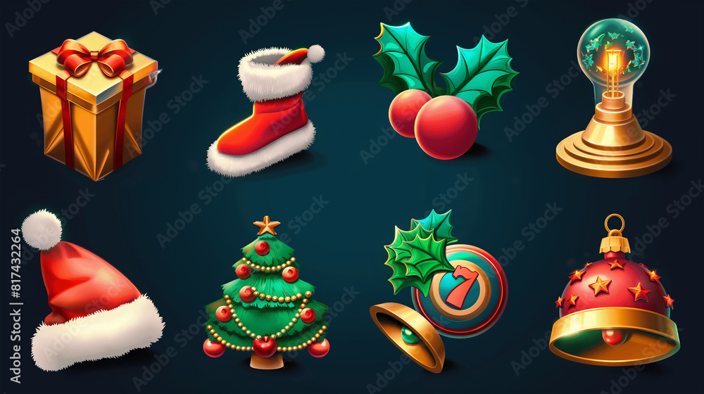Christmas icon set for slot game on dark background, Illustration Christmas icon set for slot game on dark background, Illustration