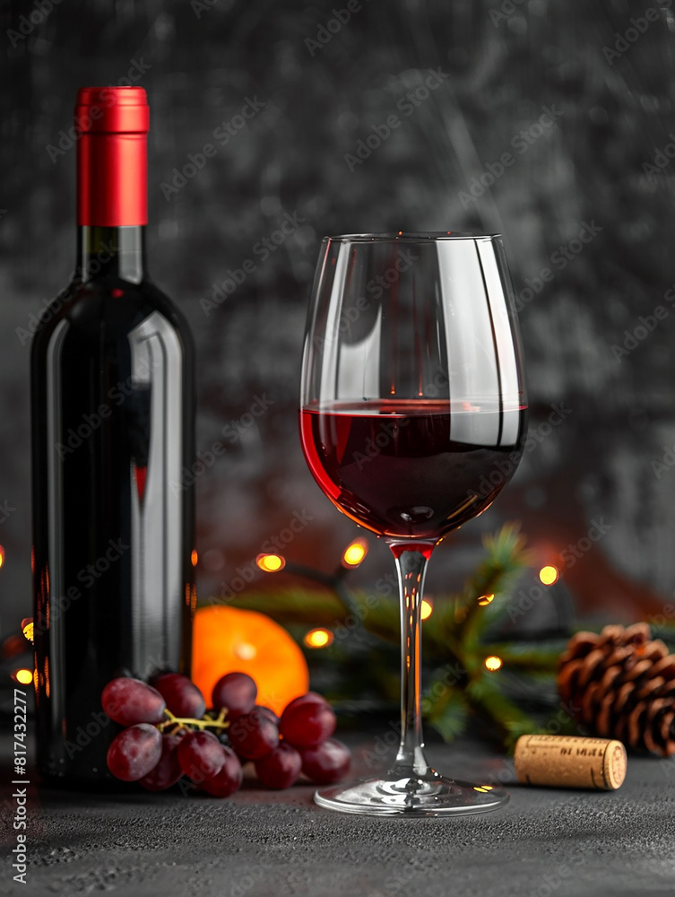 Obraz premium Photo of red , dark wine glass with wine bottle on the table