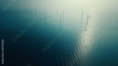 Aerial view of an offshore wind farm with each turbine perfectly aligned in the water.