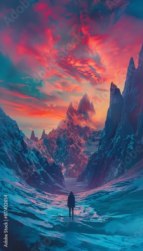 Capture the serenity of a vast digital landscape  featuring towering mountains under a vibrant sky  with a lone figure in the distance Utilize photo-realistic detailing and dramatic lighting