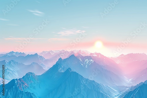 Illustrate a breathtaking wide-angle view of a serene mountain range at sunrise, showcasing a seamless gradient of cool tones from snow-capped peaks to clear blue skies, reminiscent of a watercolor pa #817432689