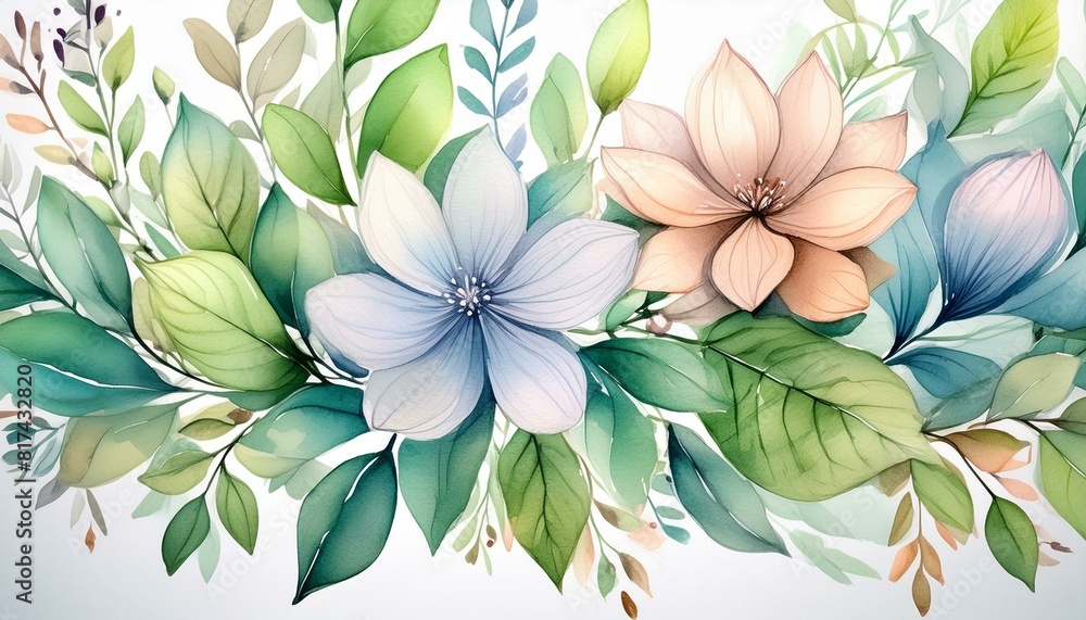 A delicate watercolor painting of a flowers and foliage on a white background