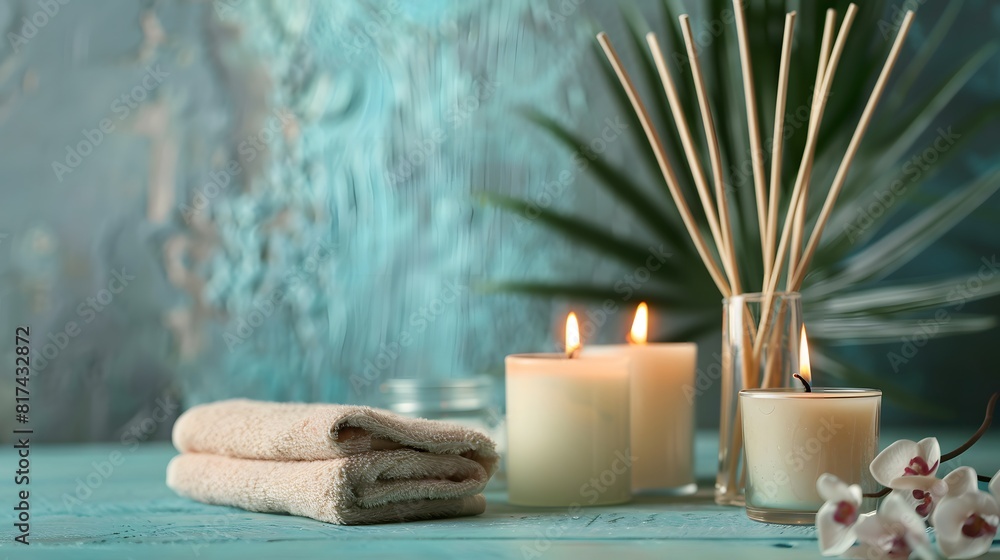 Burning candles and aromatic reed freshener on table in spa salon, space for text