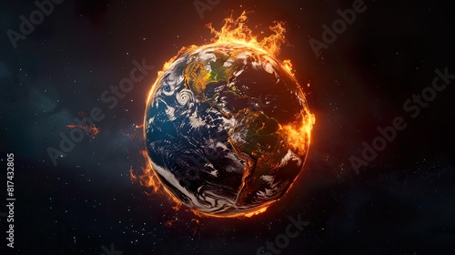 Dramatic depiction of Earth engulfed in flames, highlighting the critical issue of global warming and environmental crisis, with intense fiery imagery