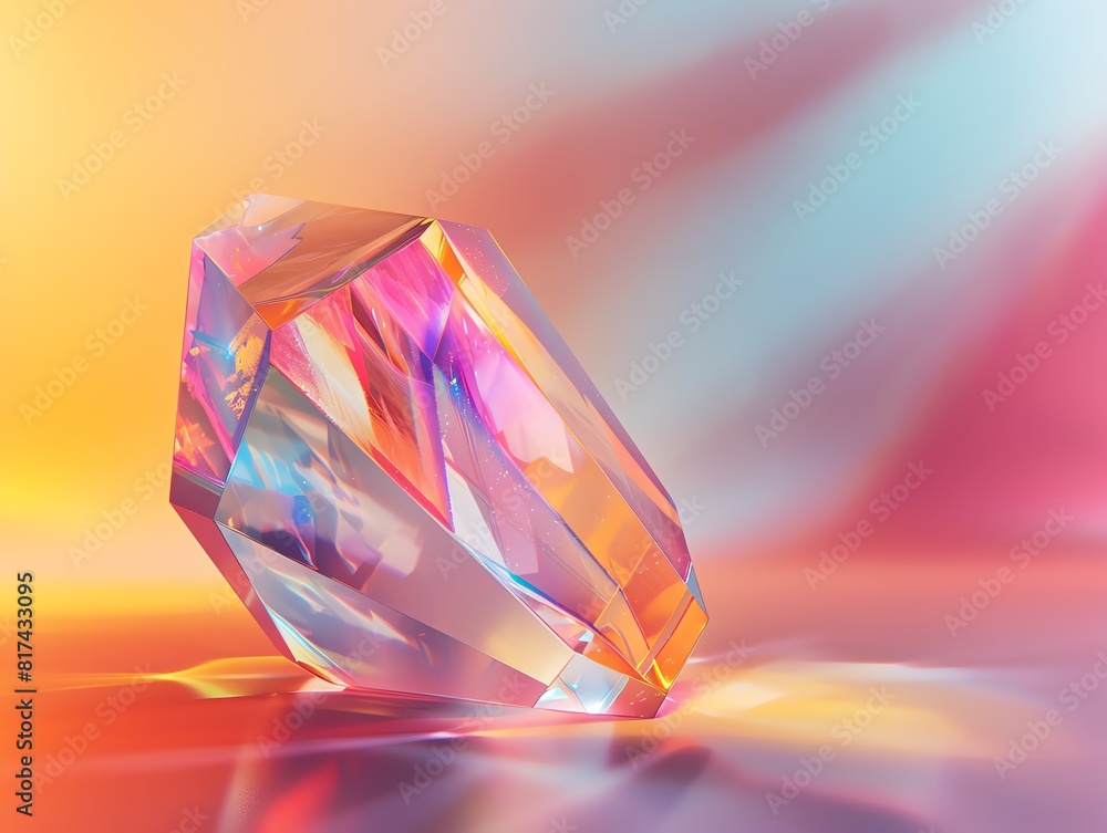 Craft a side view of a mesmerizing translucent crystal, capturing ethereal light refractions and delicate colors in a digital CG 3D rendering Craft a side view of a mesmerizing translucent crystal, capturing ethereal light refractions and delicate colors in a digital CG 3D rendering
