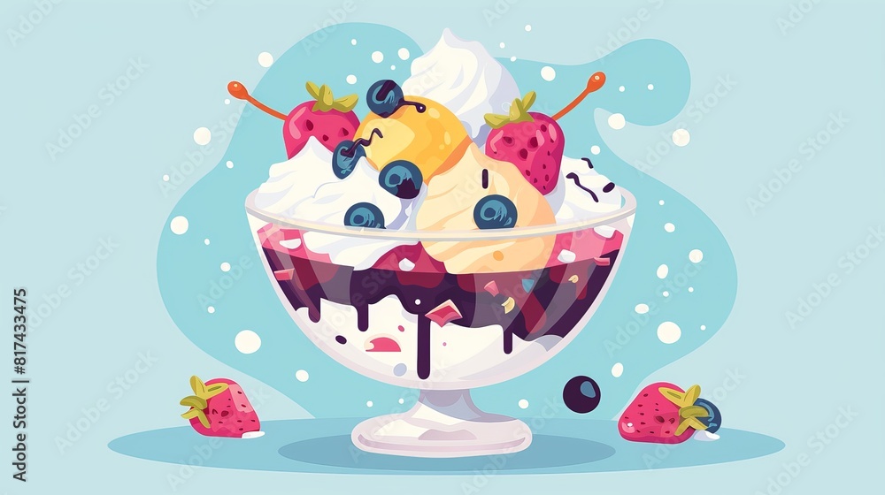 Naklejka premium Scene of an ice cream sundae with toppings flat design side view summer dessert theme cartoon drawing vivid