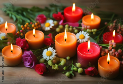 A wooden background with lit candles and flowers scattered around them