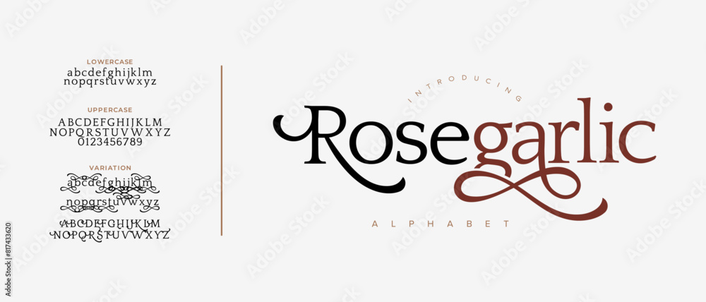 Rose garlic elegant font alphabet uppercase lowercase and number. Classic lettering minimal fashion designs. Typography modern serif fonts regular decorative vintage concept. Vector illustration Rose garlic elegant font alphabet uppercase lowercase and number. Classic lettering minimal fashion designs. Typography modern serif fonts regular decorative vintage concept. Vector illustration
