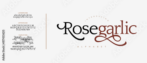 Rose garlic elegant font alphabet uppercase lowercase and number. Classic lettering minimal fashion designs. Typography modern serif fonts regular decorative vintage concept. Vector illustration