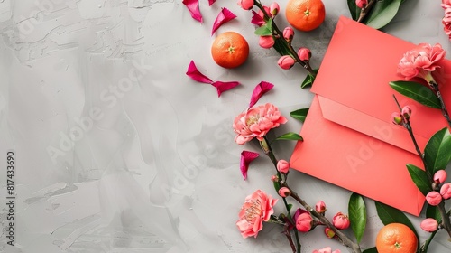 Flat lay Chinese New Year photo. Oriental traditions. Pink flowers, mandarins and red envelopes. Mockup, background, free space for text photo