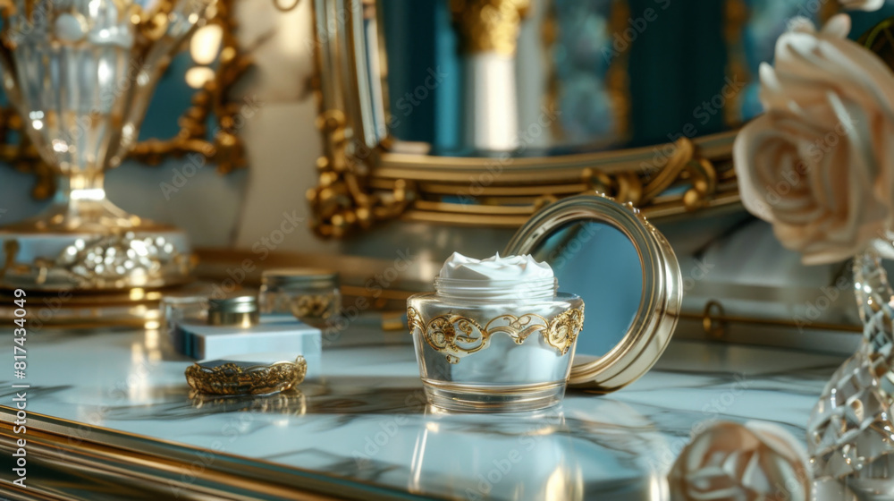 Luxurious face cream in elegant jar on ornate vintage vanity, premium skincare product, gold accents, opulent beauty setup