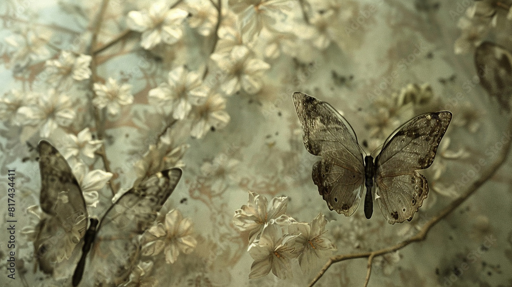 Layers of wallpaper peel to unveil frozen butterflies.
