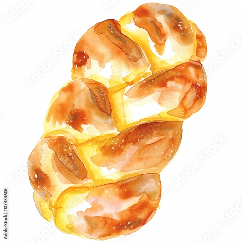 Watercolor painting of a challah bread. The challah is braided and has a golden crust. photo