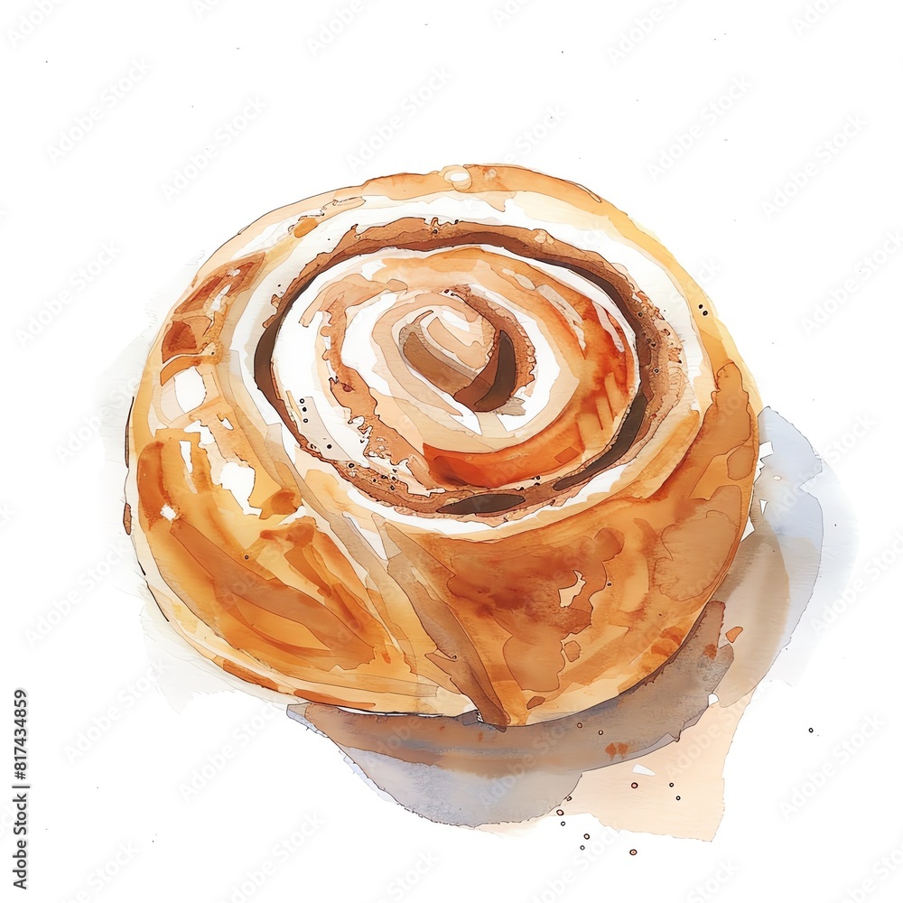 Fototapeta premium Watercolor painting of a delicious-looking, freshly baked cinnamon roll. The warm colors of the painting make the cinnamon roll look even more delicious.