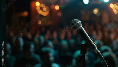 Photo of a microphone on stage with an audience in the background, capturing comedy club photography. Web banner with empty space on the right.