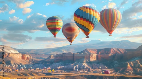 Colorful hot air balloons flying over mountain 