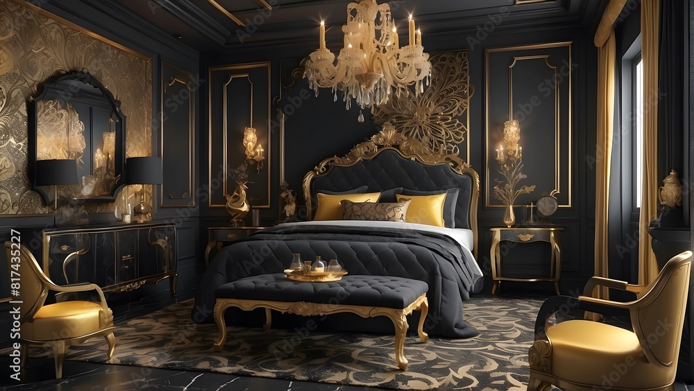 Royal luxury bedroom interior design, modern black and golden interior ...